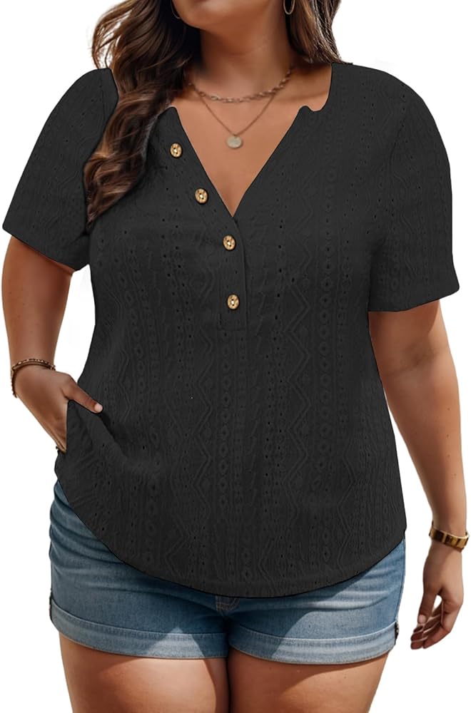 VISLILY Plus-Size-Summer-Tops for Women Henley V Neck T Shirts Short Sleeve Buttons Up Tunics Trendy Eyelet Blouses XL-5XL