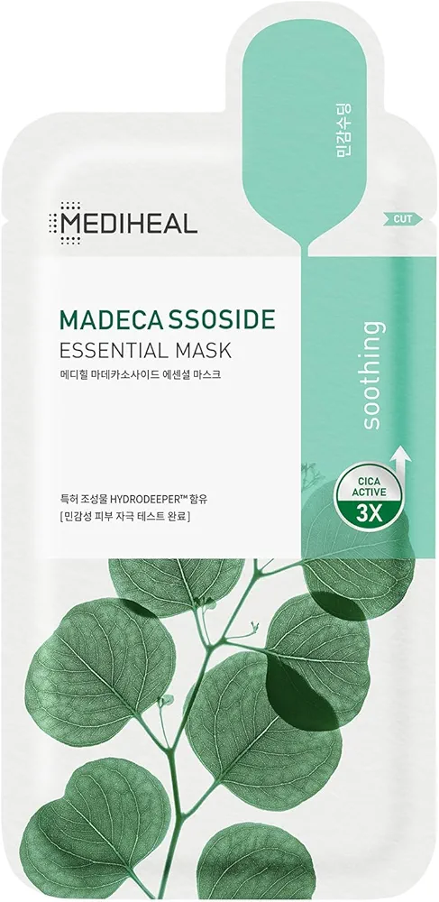 Mediheal Best Korean Sheet Mask - Madecassoside Essential Face Mask 20 Sheets For Sensitive Blemish Prone All Skin Types Hydrating Moisturizing Calming Soothing