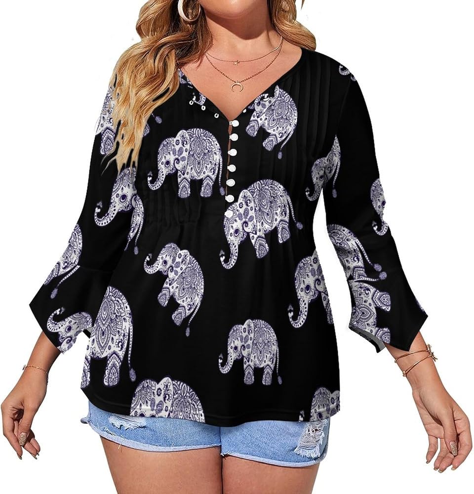 Blue Floral Elephant Illustration Cute Womens T-Shirts 3/4 Sleeve Button Down Tee Tops Blouse Summer Beach