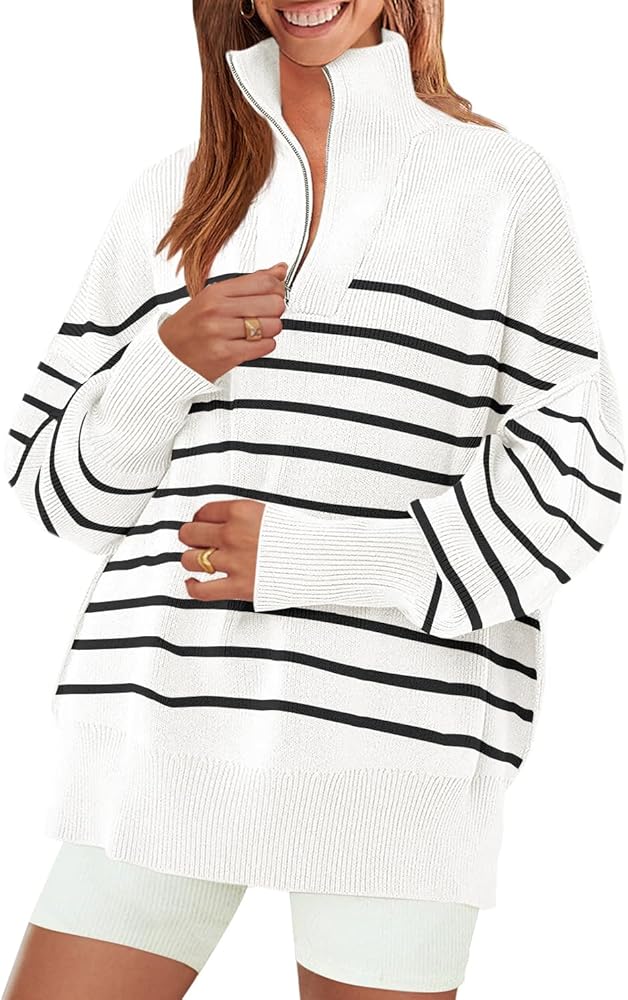 ZESICA Women's Striped Sweaters Half Zipper Long Sleeve Ribbed Knit Loose Oversized Pullover Sweater Tops