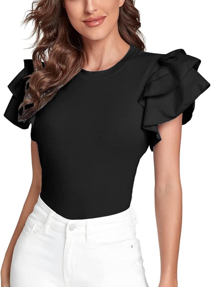 Verdusa Women's Layered Ruffle Butterfly Sleeve Round Neck Blouse Tee Top