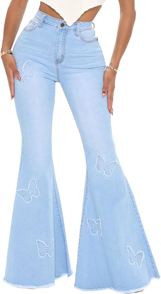 Women's Bell Bottom Jeans Elastic High Waisted Flared Jeans Raw Hem Denim Pants with Heart-Shaped Pocket