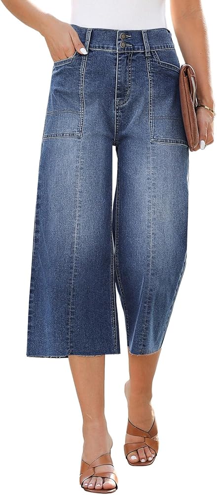 Sidefeel Womens Wide Leg Jeans High Waisted Stretch Loose Fit Button Denim Capri Pants