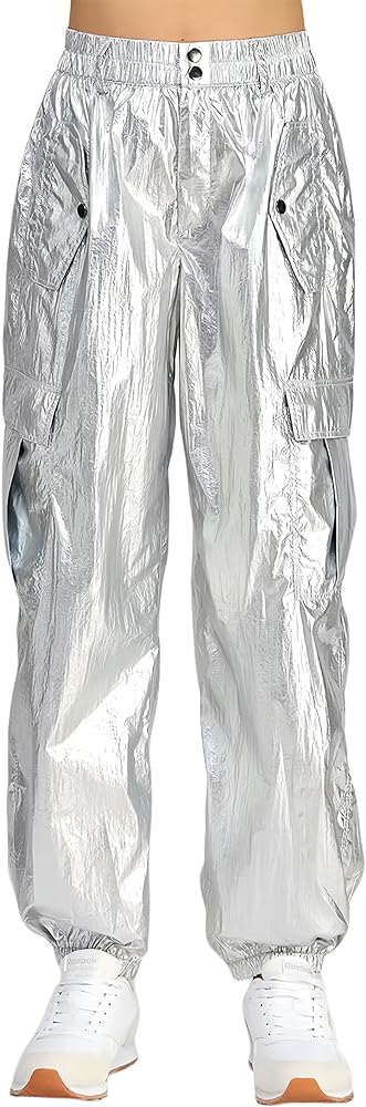 Women's Cargo Capris Metallic Shiny Pants High Waistd Straight Wide Leg Stacked Pants Streetwear