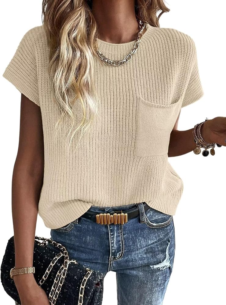 Womens Crewneck Sweater Vest Casual Cap Sleeve Knit Pullover Tank Tops 2024