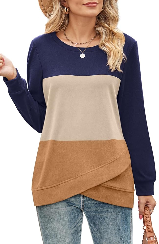 WIHOLL Crewneck Sweatshirts for Women Long Sleeve Shirts Tulip Hem Fall Tops