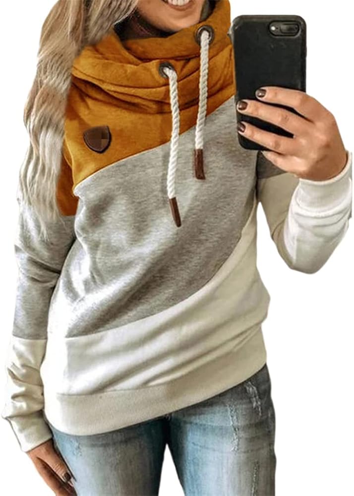 Sweatshirts for Women Trendy Patchwork Cowl Neck Hoodies Loose Fit Pullover Tops Leopard Camo Thermal Fall Blouses