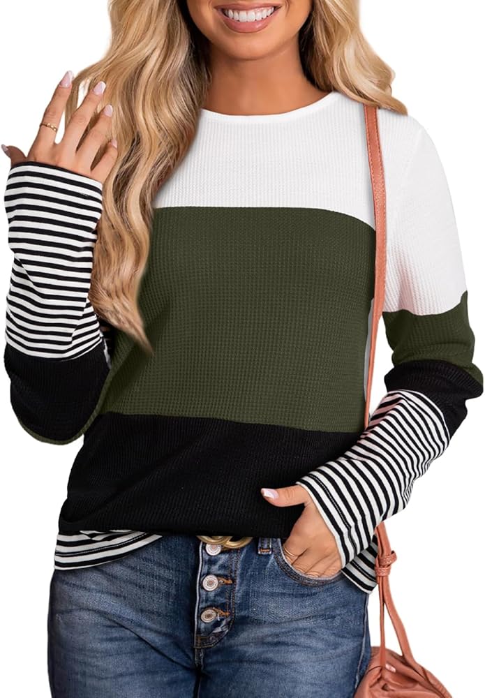 Dokotoo Womens Tops Casual Long Sleeve Shirts Crewneck Color Block Stripes Pullover Waffle Knit Sweater Tops Fall Outfits