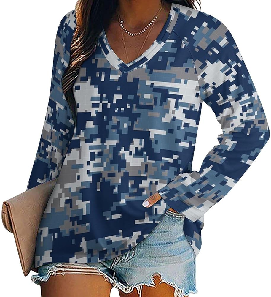 Blue Digital Camouflage Loose Womens Shirts Long Sleeve Tees Tops Casual V-Neck Graphic Blouses