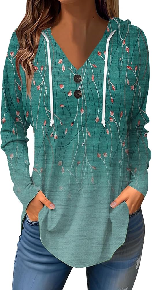 Oversized Hoodie Woman Winter Casual Slimming Shirts Vneck Long Sleeve Tops Fall Ethnic Floral Button Tunic Sweatshirt