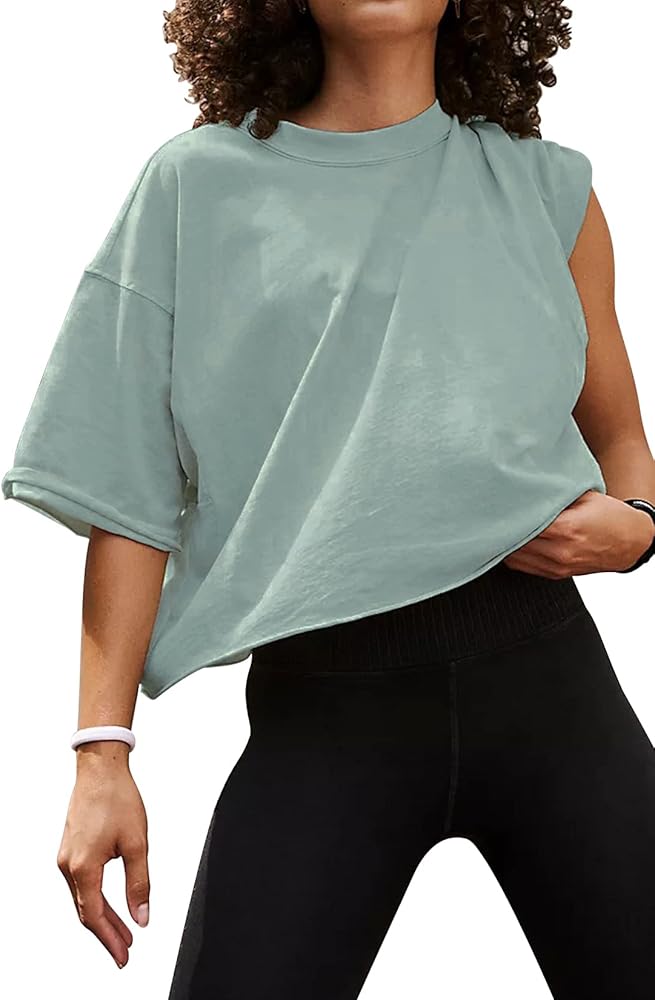 Women's Oversize Workout Crop Tops Casual Short Sleeve Drop Shoulder Boxy T-Shirts Roll Hem Basic Loose Yoga Running Tees