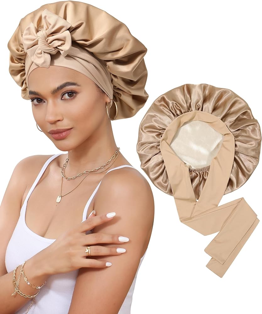 Satin Bonnet Silk Bonnet for Sleeping Silk Sleep Cap Double Layer Hair Bonnet with Elastic Tie Band for Curly Hair Night Cap