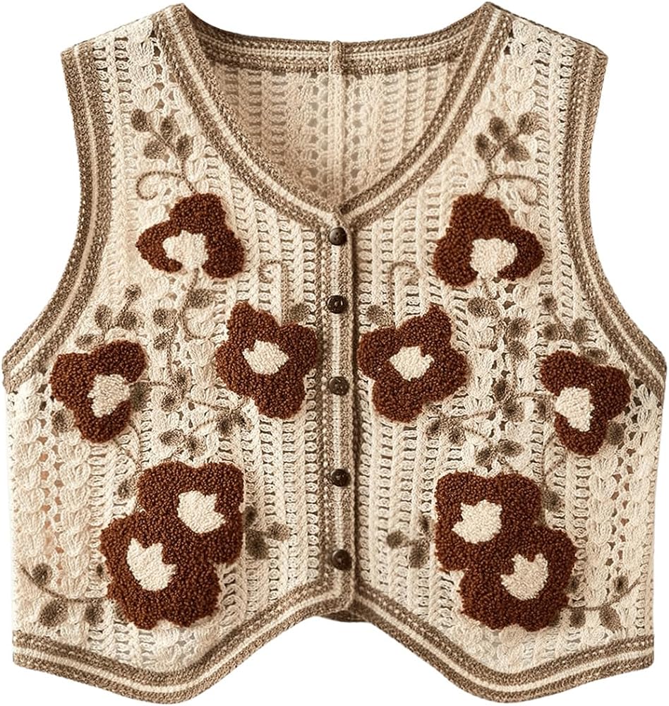 Verdusa Women's Button Front V Neck Sleeveless Crochet Knit Sweater Vest