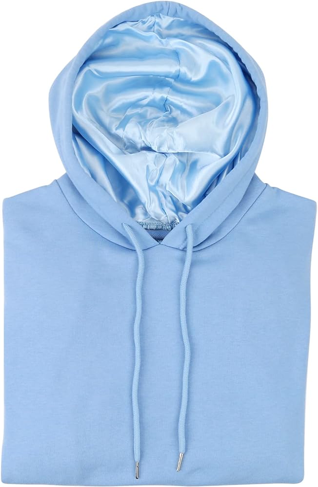 Satin Lined Hoodie Women's Casual Long Sleeve Satin Pullover Hoodie Sweatshirt Tops Blue