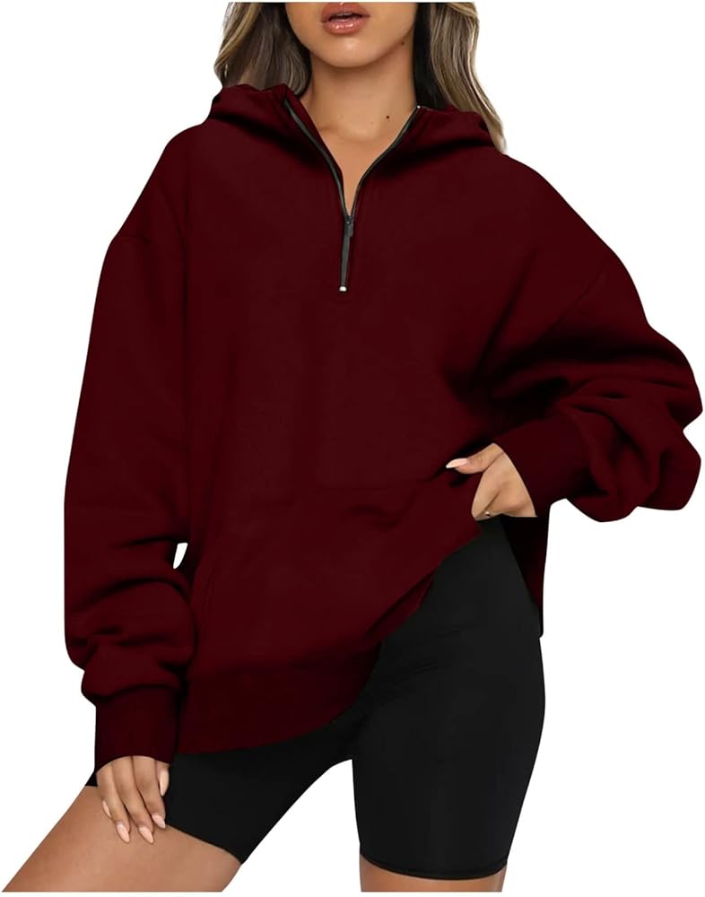 Fall Fashion for Women 2023 Oversized 1/4 Zip Pullover Tops Long Sleeve Casual Y2k Hoodie Sweater Cute Crewneck Sweatshirts Y2k Women Clothing Trendy Hoodies For Women Aesthetic(C Wine,3X-Large)