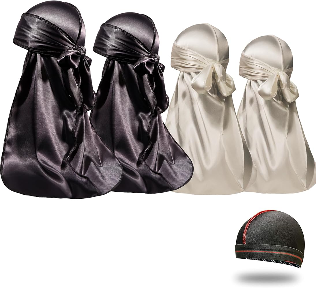 4PCS Silky Durags for Men Women 360 Waves with 1 Wave Cap, Silky Satin Durag Extra Long Tails