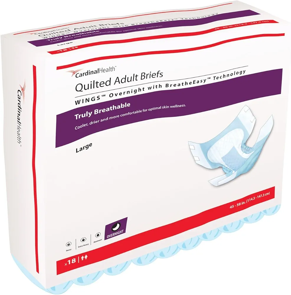 Cardinal Health™ Quilted Adult Briefs, Wings™ Overnight with BreatheEasy™ Technology, Maximum Absorbency, Large, Case of 72