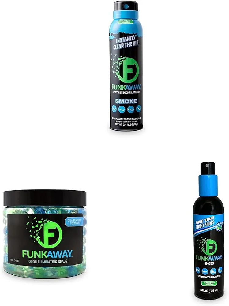 FunkAway Smoke Odor Eliminator Spray & Odor Eliminating Beads, 12 oz. & Odor Eliminating Spray for Shoes, Clothes and Gear, (8 Oz.)