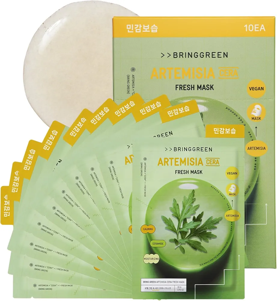 BRING GREEN ARTEMISIA CERA FRESH MASK (10 Count) | with Natural Ingredients, Beta-Carotene, Rosemary Leaf Oil, Daily Skincare Facial Mask Sheet for Moisturizing