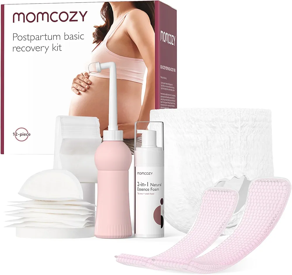 Momcozy Postpartum Recovery Essentials Kit, Labor Delivery Mom Care Kit, Self-Absorbent Disposable Underwear Nipple Nursing Pads Upside Down Peri Bottle Cold Pads Cooling Foam Canvas Bag Set