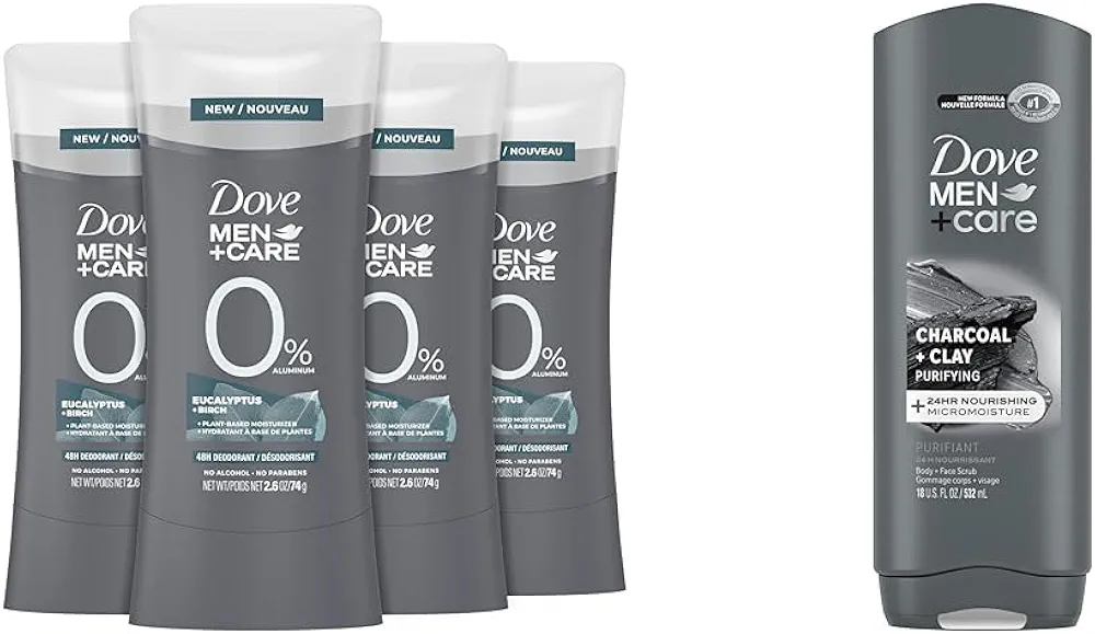 DOVE MEN + CARE Deodorant Stick for Men Aluminum free deodorant Eucalyptus+Birch & Elements Body Wash Charcoal + Clay, Effectively Washes Away Bacteria