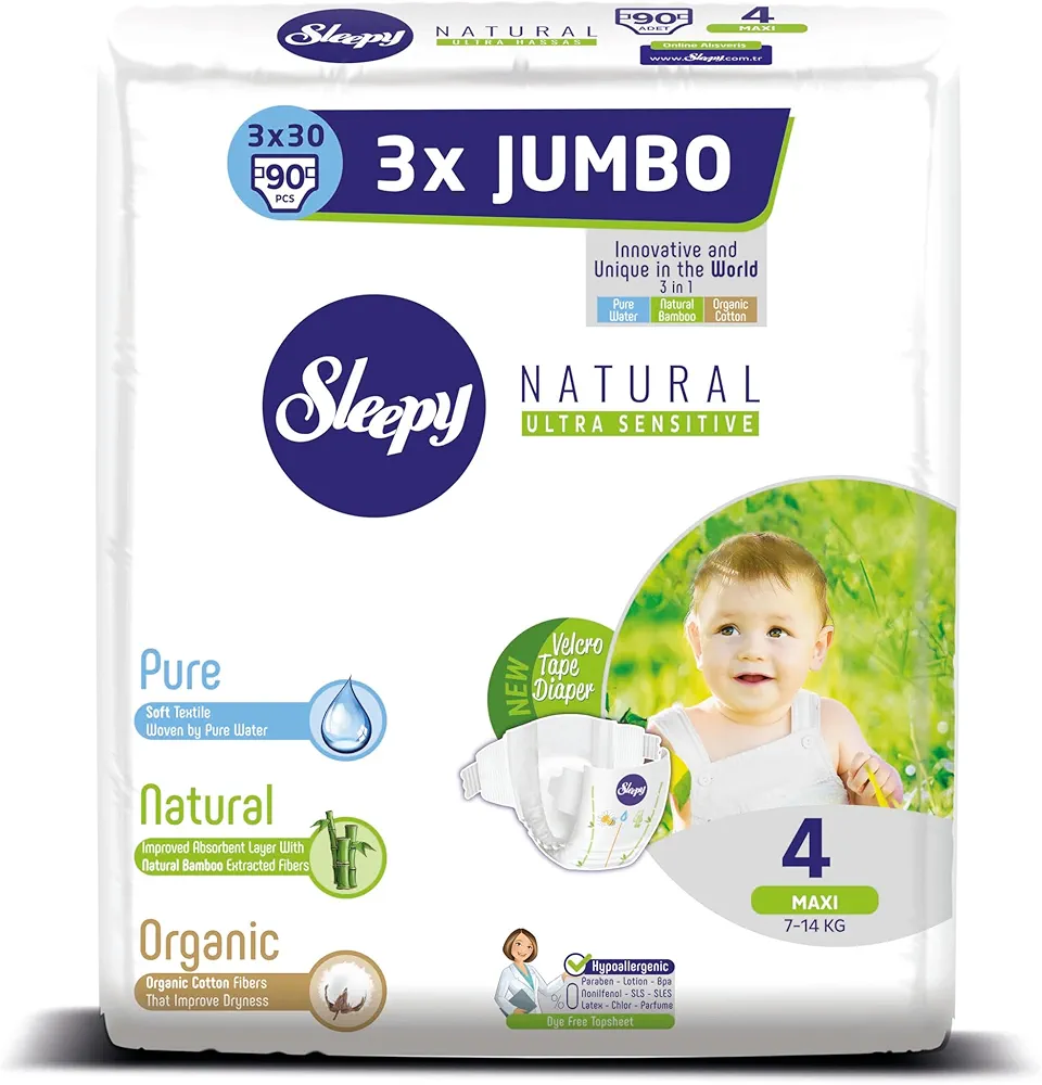 Sleepy Natural Baby Diapers, Organic Cotton-Bamboo Extract, Ultimate Comfort and Dryness, Disposable Diapers Snuggler (Size 4|90 Count|Child Weight 15-31)