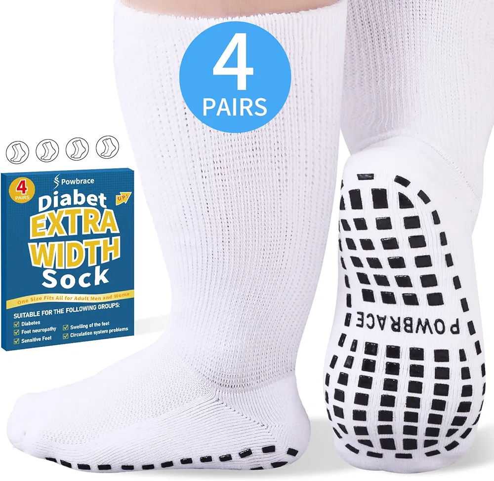 4 Pairs Super Width Socks for Swollen Feet,Diabetic Socks for Men Women Plus Size,Hospital Non Slip Socks,Lymphedema,Edema Cast Socks,Bariatric Socks