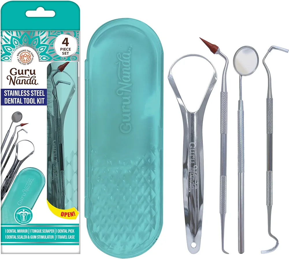 GuruNanda Professional 100% Stainless Steel Dental Kit with Tongue Scraper, Dental Mirror, Dental Scaler & Gum Stimulator - 4 Piece Dental Tools Set