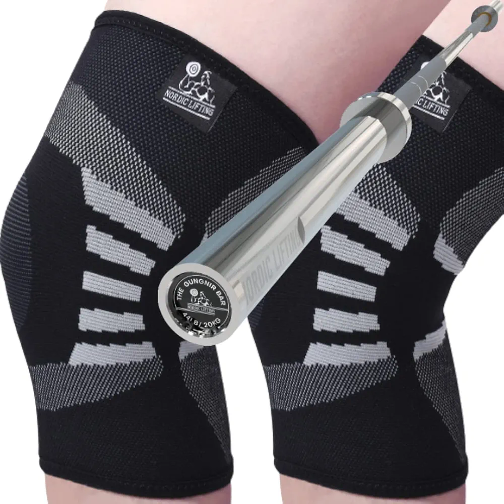 Knee Compression Sleeves Medium Bundle with Barbell for Weightlifting Gungnir