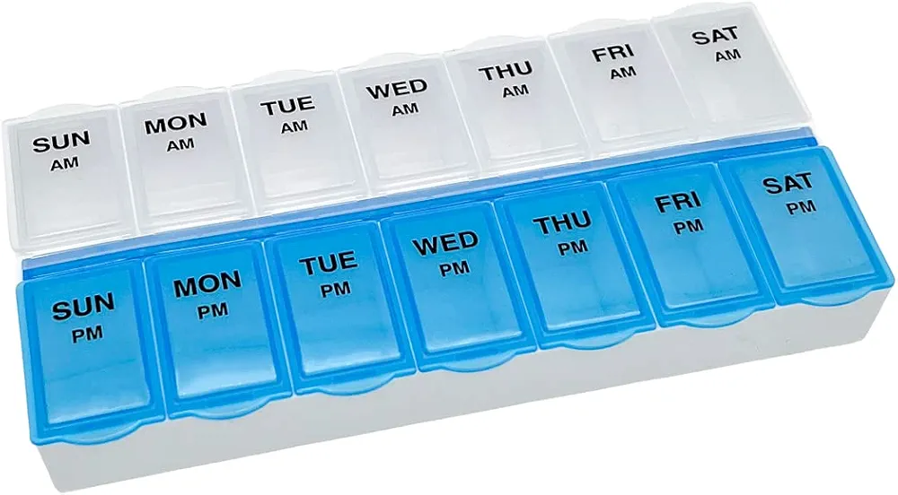 Amazon Basic Care (7-Day) AM/PM Pill Organizer, Vitamin Case, And Medicine Box, Large Compartments, 2 Times a Day, Blue and Clear Lids