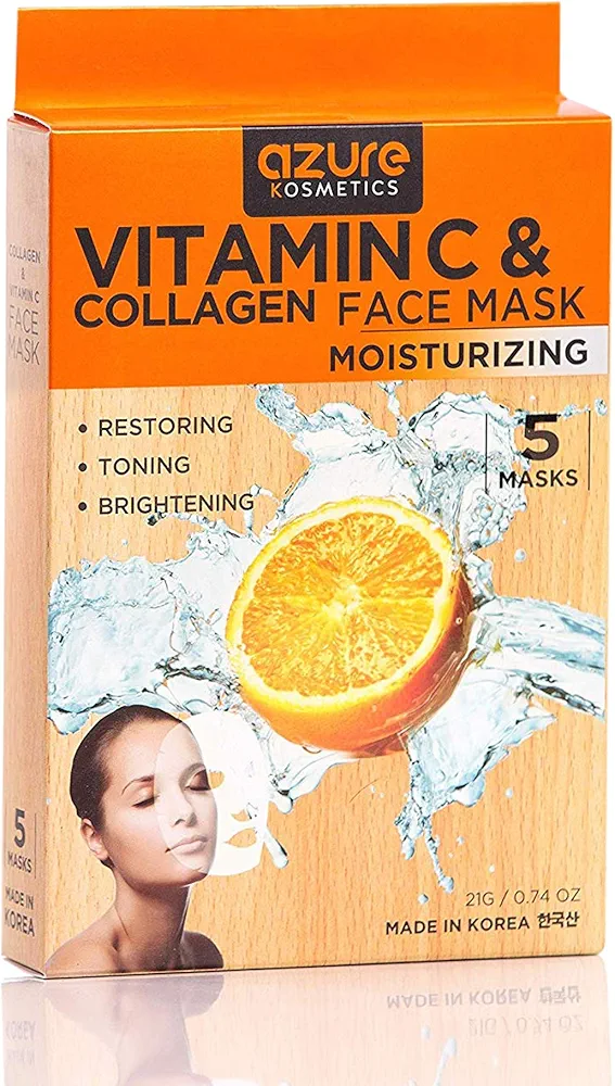 AZURE Vitamin C & Collagen Moisturizing Facial Mask- Anti Aging, Deeply Moisturizing & Firming - Brightening Mask, Improves Elasticity - Skin Care Made in Korea - 5 Pack