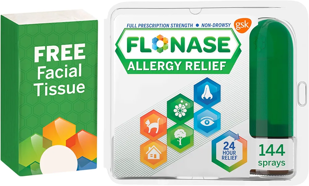 Flonase Allergy Relief Nasal Spray, 24-Hour Non-Drowsy Multi-Symptom Relief – 144 Sprays, Bonus Pack of Tissues (Pack of 1)