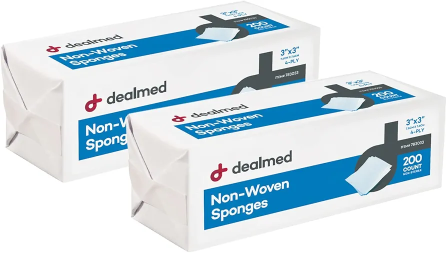 Dealmed 3" x 3" Non-Woven Gauze Sponge - 4-Ply All-Purpose Non-Sterile Gauze Pads, Absorbent Dental Gauze Wound Care Product for First Aid Kit/Medical Facilities, 200 Count (Pack of 2)