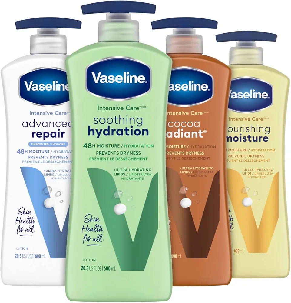 Vaseline Intensive Care Body Lotion for Women & Men - Ultra-Hydrating Lotion Set for Dry Skin, Soothing Hydration/Advanced Repair/Cocoa Radiant/Essential Healing, 20.3 Fl Oz Ea (4 Piece Set)