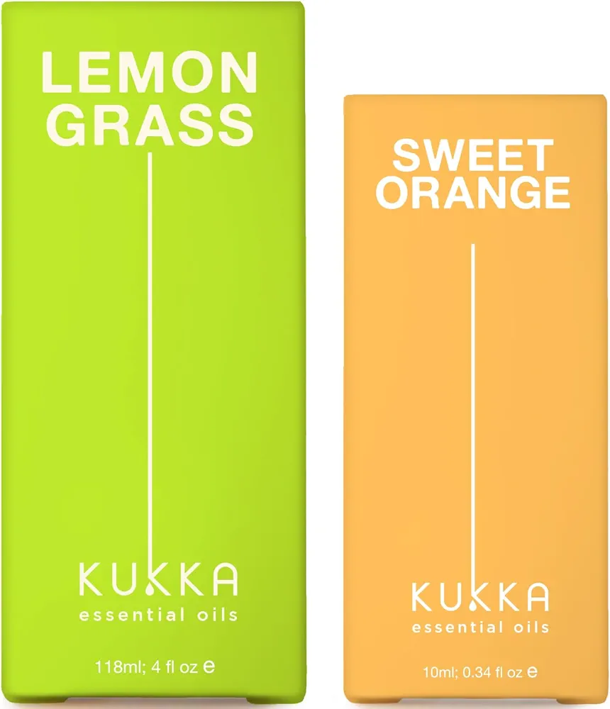 Lemongrass Essential Oil for Diffuser (4 fl oz) & Orange Essential Oil for Diffuser (0.34 fl oz) Set - 100% Natural Aromatherapy Grade Essential Oils Set - Kukka