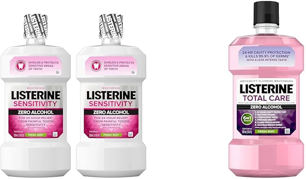 Pack of 2 Listerine Sensitivity Zero Alcohol 500mL Mouthwash for Sensitive Teeth Relief with Listerine Total Care Zero Alcohol 500mL Fluoride Anticavity Mouthwash