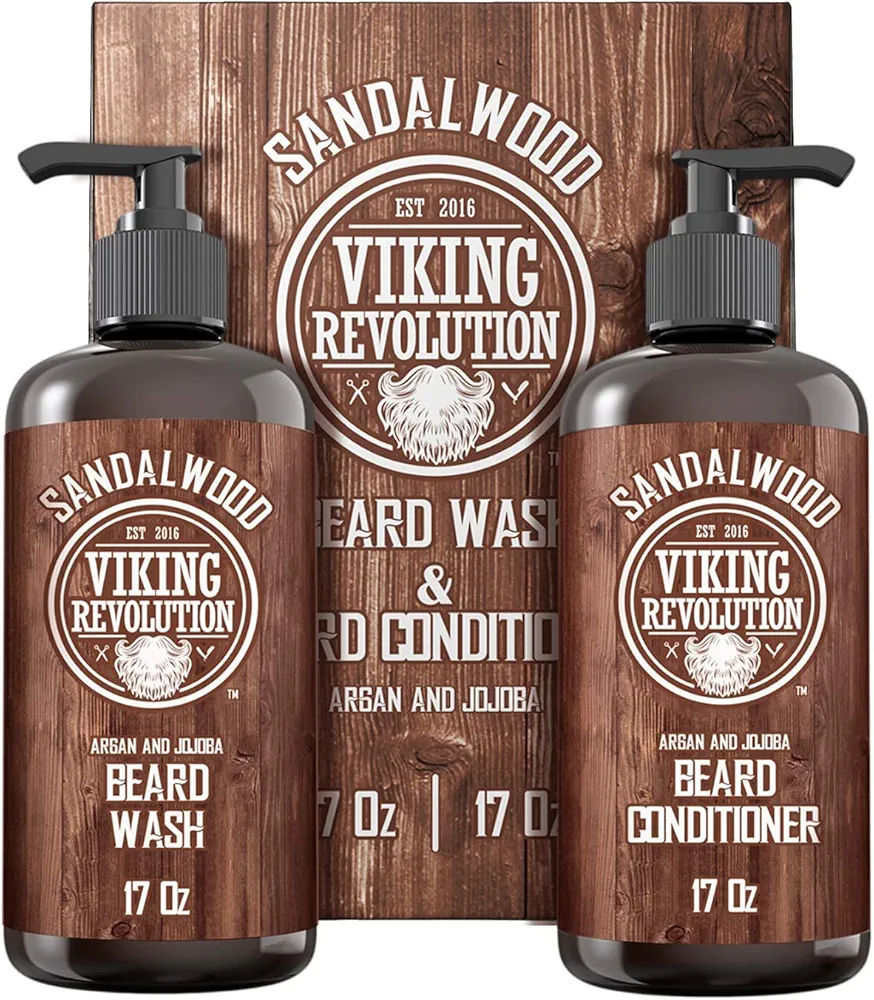 Viking Revolution Beard Wash & Beard Conditioner Set with Argan & Jojoba Oils - Softens and Strengthens - Natural Sandalwood Scent - Beard Shampoo with Beard Oil (17 oz)