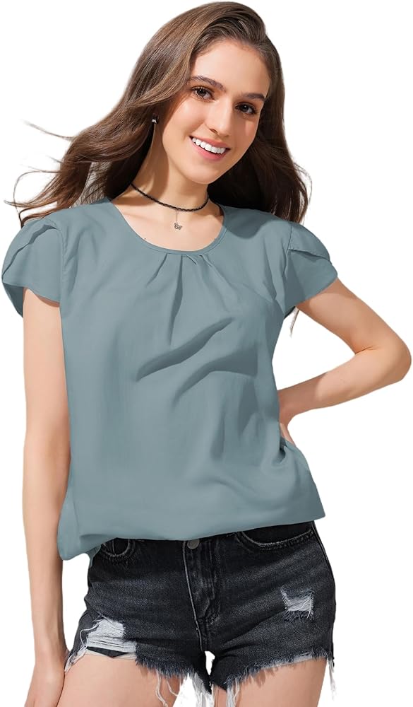 Women's Dressy Casual Round Neck Basic Pleated Tops Ruffle Cap Sleeve Trendy Blouse Business Work Summer Tshirt