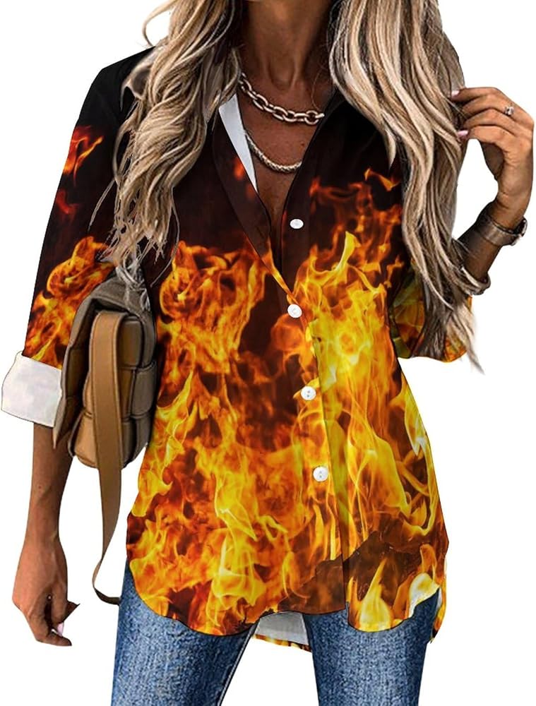 Big Fire Flames on Black Blouses for Women Hawaiian Button Down Long Sleeve Shirts Tees Tops