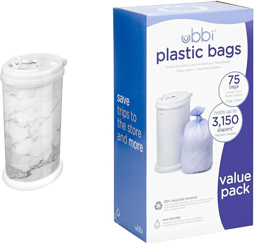 Ubbi Steel Diaper Pail Bundle with Odor Locking Design, Awards-Winning Must-Have Registry Essential, and 3 Packs 75 Count Disposable Plastic Bags