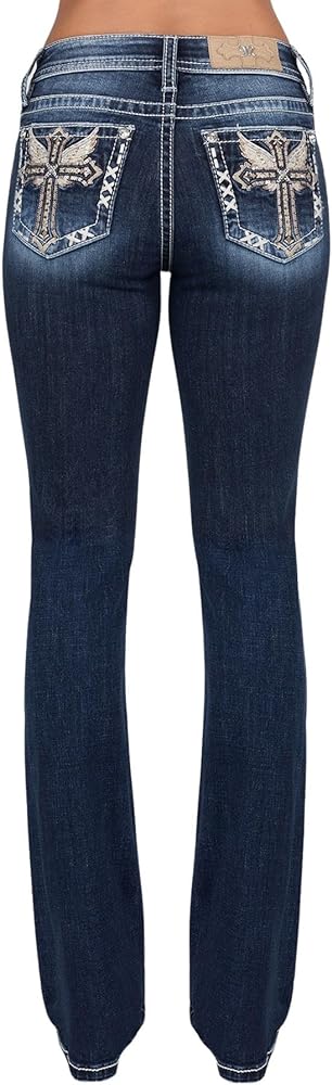 Miss Me Women's Mid-Rise Angel Winged Cross Embellished Pockets Bootcut Jeans