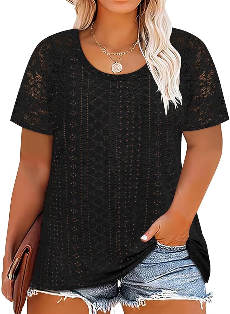 RITERA Plus Size Tops for Women Crewneck Short Sleeve Lace Flower Tshirt Casual Summer Blouse XL-5XL