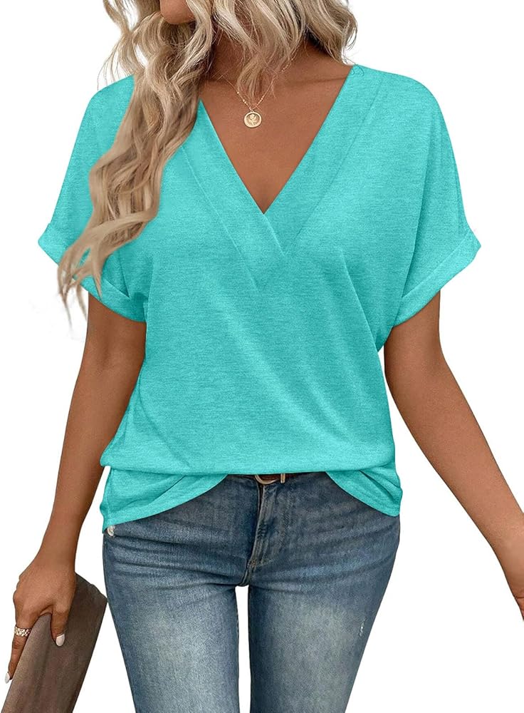 Women's Short Sleeve T Shirts Casual V Neck Summer Tops Batwing Sleeve Ladies Basic Tees