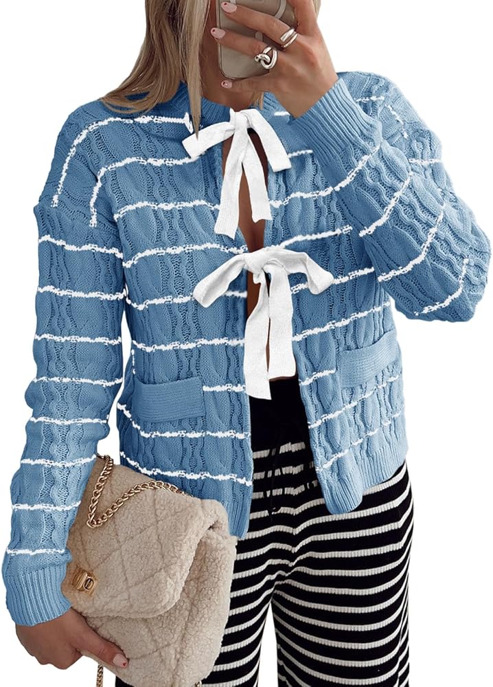 Saodimallsu Womens Striped Tie Front Cardigan Sweaters Crew Neck Long Sleeve Cable Knit Bow Knot Trendy Sweater Tops