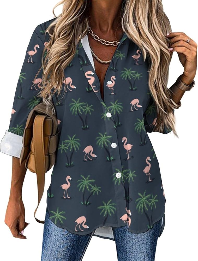 Pink Flamingo Birds and Palm Trees Blouses for Women Hawaiian Button Down Long Sleeve Shirts Tees Tops