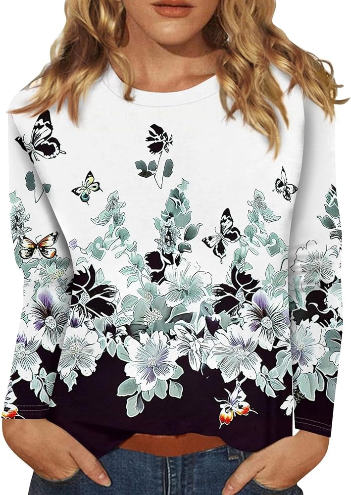 Women Fall Tops,Women's Fashion Casual Floral Printed Round Neck Long Sleeve Pullover Top Womens Fall Fashion 2024