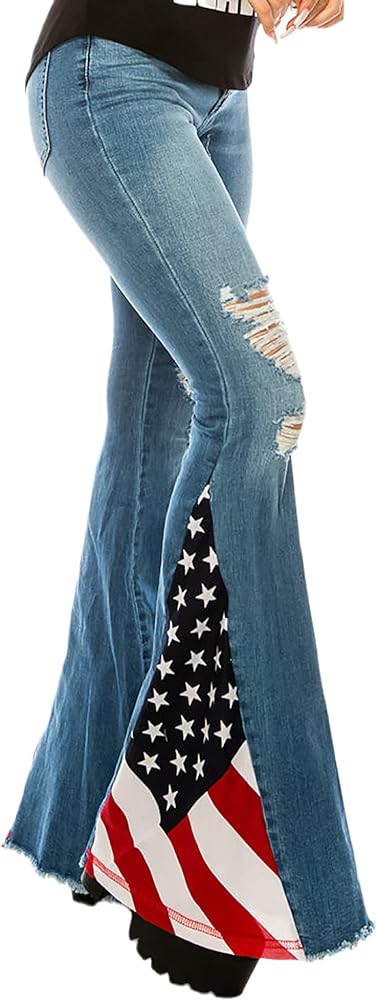 Women's Ripped American Flag Bell Bottom Jeans High Waisted Frayed Raw Hem Casual Slim Denim Pants