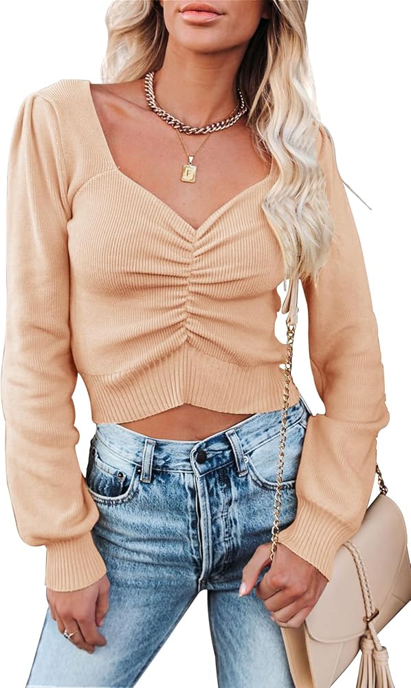 PRETTYGARDEN Fall Long Sleeve Cropped Sweaters for Women 2024 Off The Shoulder V Neck Ruched Ribbed Knit Going Out Tops