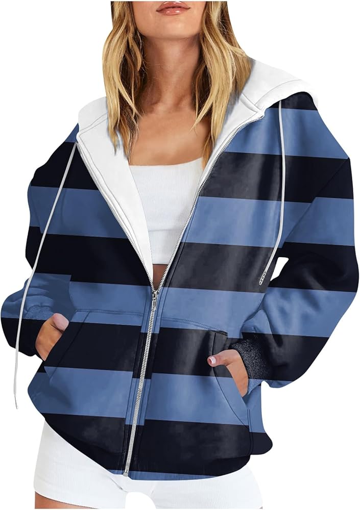 Womens Hoodies,Women's Casual Fashion Striped Printed Long Sleeve Pullover Hoodies Zipper Sweatshirts Coat