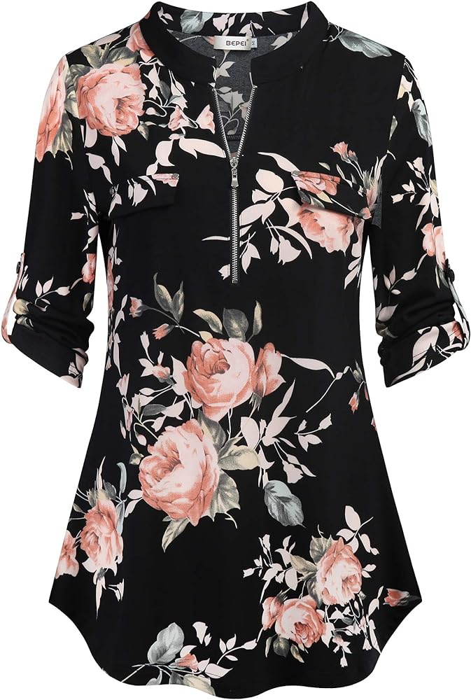 BEPEI Womens Floral 3/4 Sleeve Shirts Zip up V Neck Work Chiffon Blouses Top